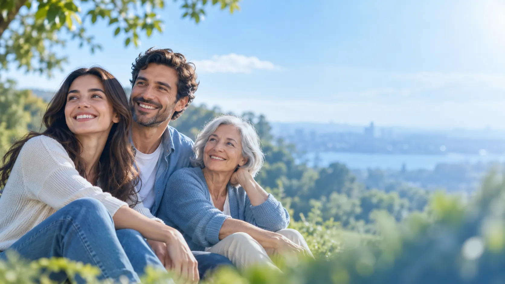 Tres personas de distintas generaciones sonriendo al aire libre: planes de medicina prepaga SanCor Salud para toda la familia